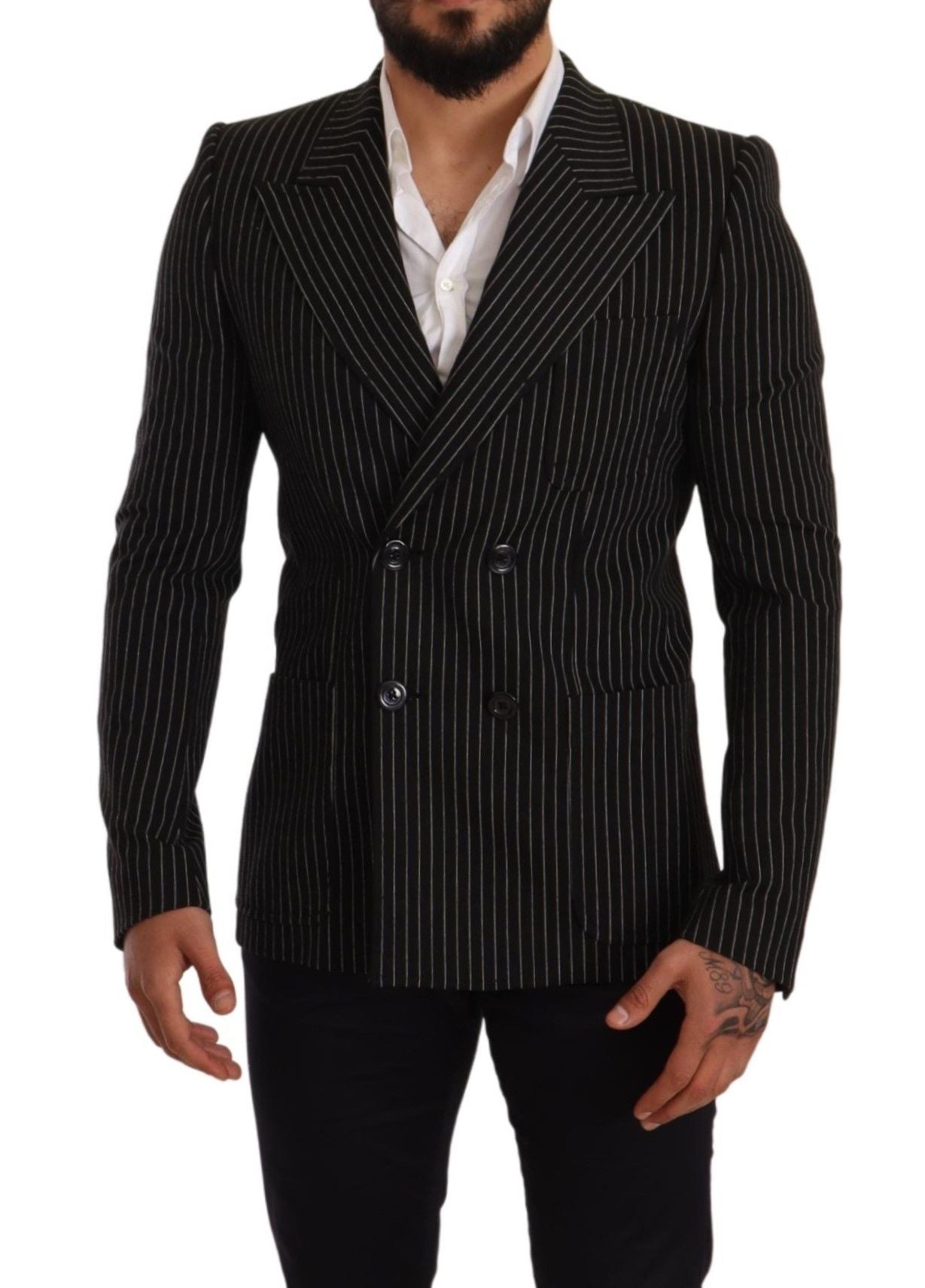 Black and white striped slim fit coat blazer by Dolce & Gabbana, showing tailored lapels and sleek design.