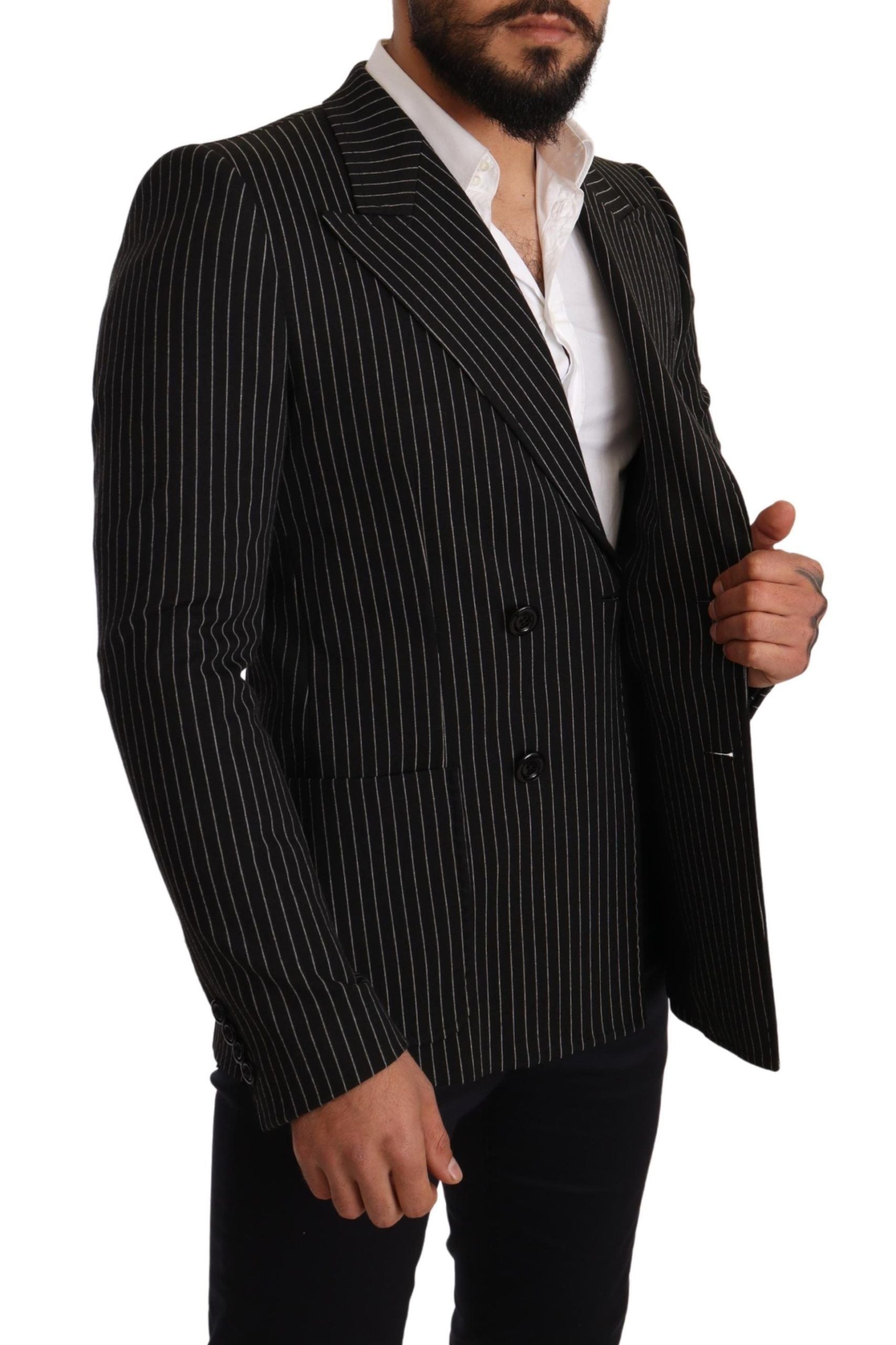 Black and white striped slim fit coat blazer by Dolce & Gabbana, tailored with a sleek, modern design.