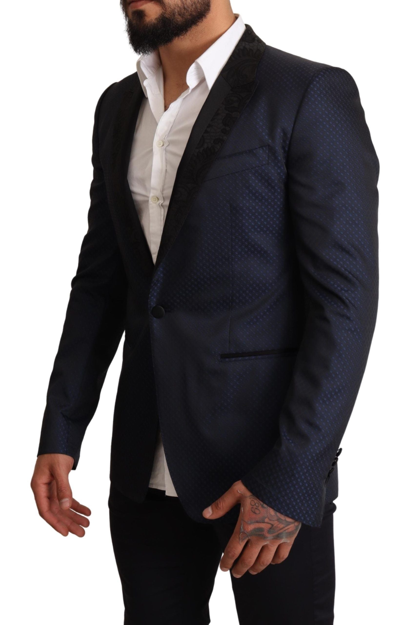 Blue wool slim fit Martini blazer jacket by Dolce & Gabbana, featuring a tailored design and classic lapel collar.