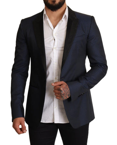 Blue wool slim fit Martini blazer jacket by Dolce & Gabbana, featuring tailored design and classic lapel, shown on a hanger.