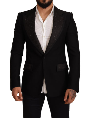 Black wool slim fit coat blazer jacket by Dolce & Gabbana, displayed hanging with tailored silhouette and classic lapel.