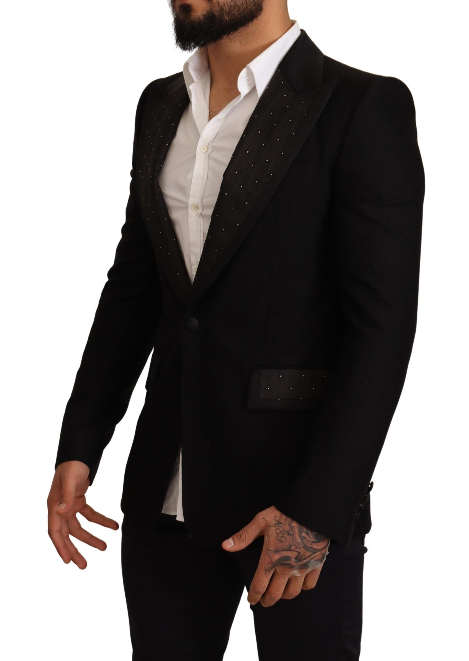 Black wool slim fit coat blazer jacket by Dolce & Gabbana hanging on a rack with detailed stitching.