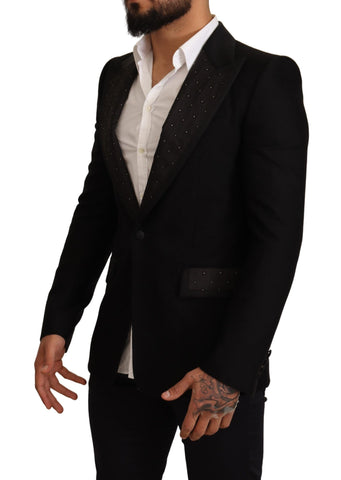 Black wool slim fit coat blazer jacket by Dolce & Gabbana hanging on a rack with detailed stitching.