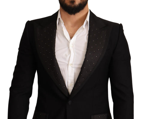 Black wool slim fit coat blazer jacket by Dolce & Gabbana, shown on a hanger with a tailored silhouette and classic lapel design.