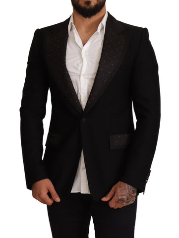 Black wool slim fit coat blazer jacket by Dolce & Gabbana hanging on a rack, showcasing tailored design and classic style.