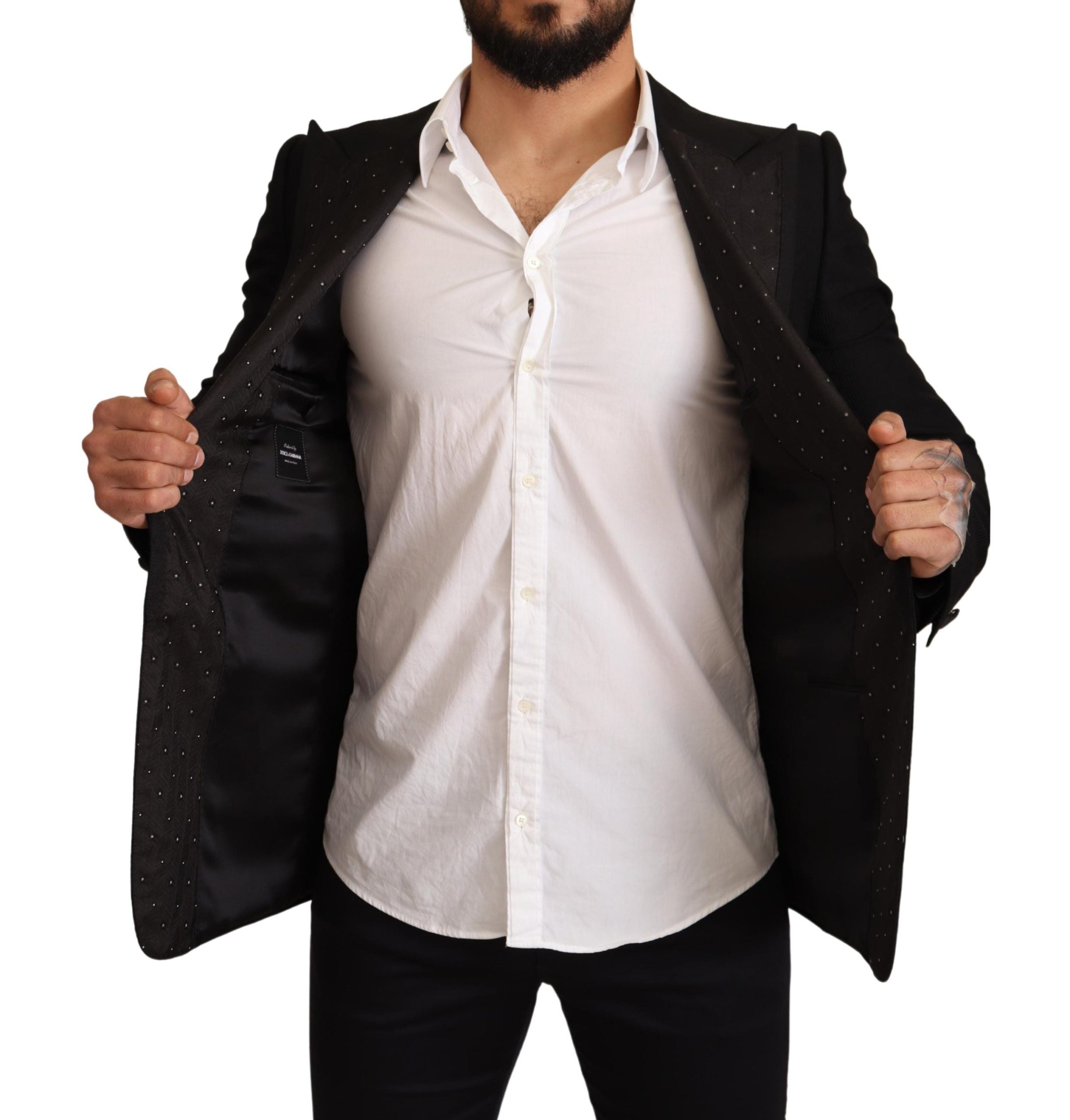 Black wool slim fit coat blazer jacket by Dolce & Gabbana, featuring tailored design and classic lapel details.