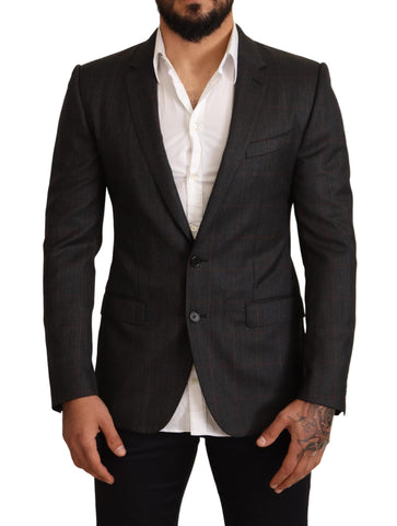 Gray check wool slim fit blazer jacket by Dolce & Gabbana, tailored fit with classic pattern and structured lapels.