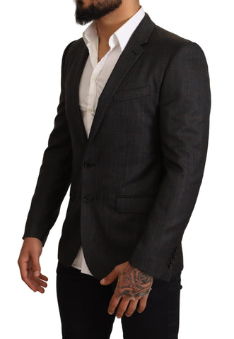 Gray check wool slim fit blazer jacket by Dolce & Gabbana, tailored with a classic lapel and structured design.