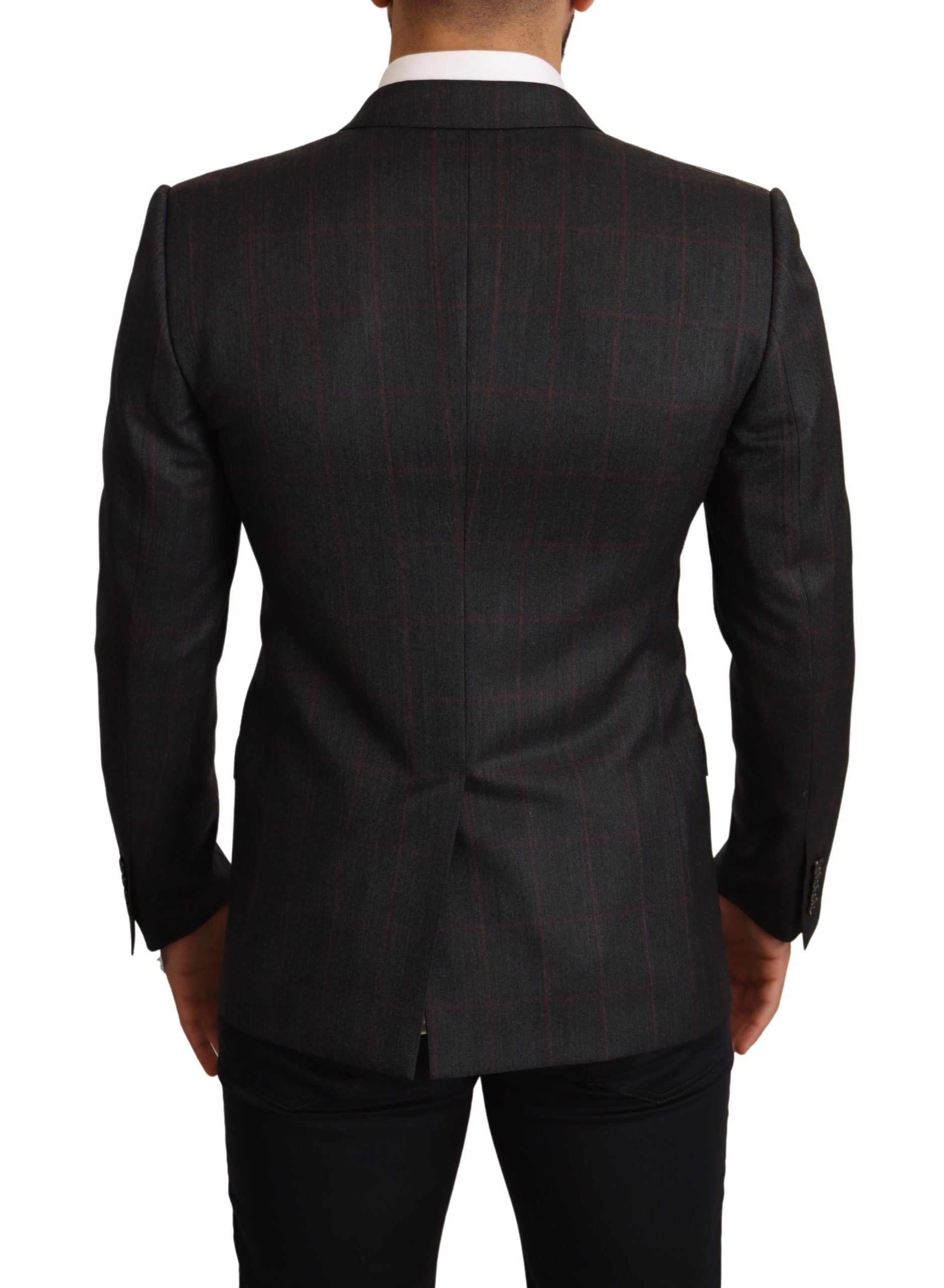 Gray check wool slim fit blazer jacket by Dolce & Gabbana, tailored fit with button closure and classic lapel, shown on a hanger