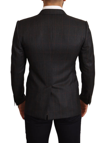 Gray check wool slim fit blazer jacket by Dolce & Gabbana, tailored fit with button closure and classic lapel, shown on a hanger