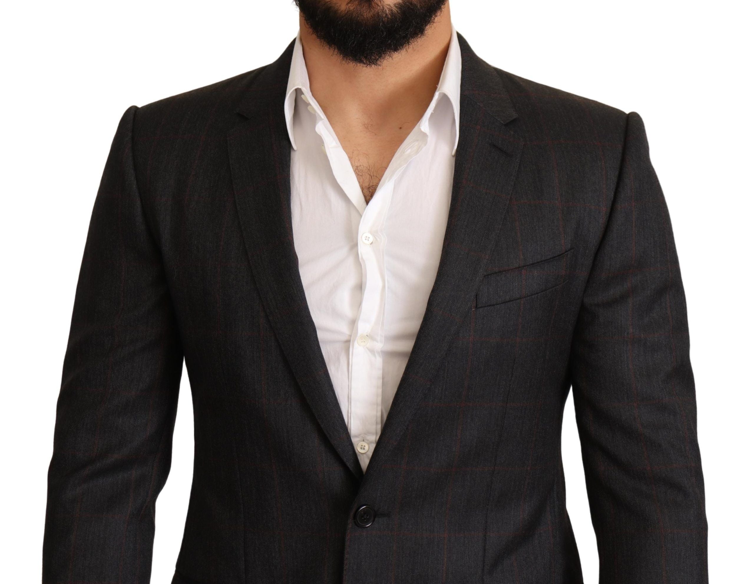 Gray check wool slim fit blazer jacket by Dolce & Gabbana, shown on a hanger with front view and notch lapel details.