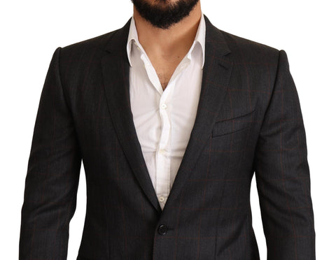 Gray check wool slim fit blazer jacket by Dolce & Gabbana, shown on a hanger with front view and notch lapel details.