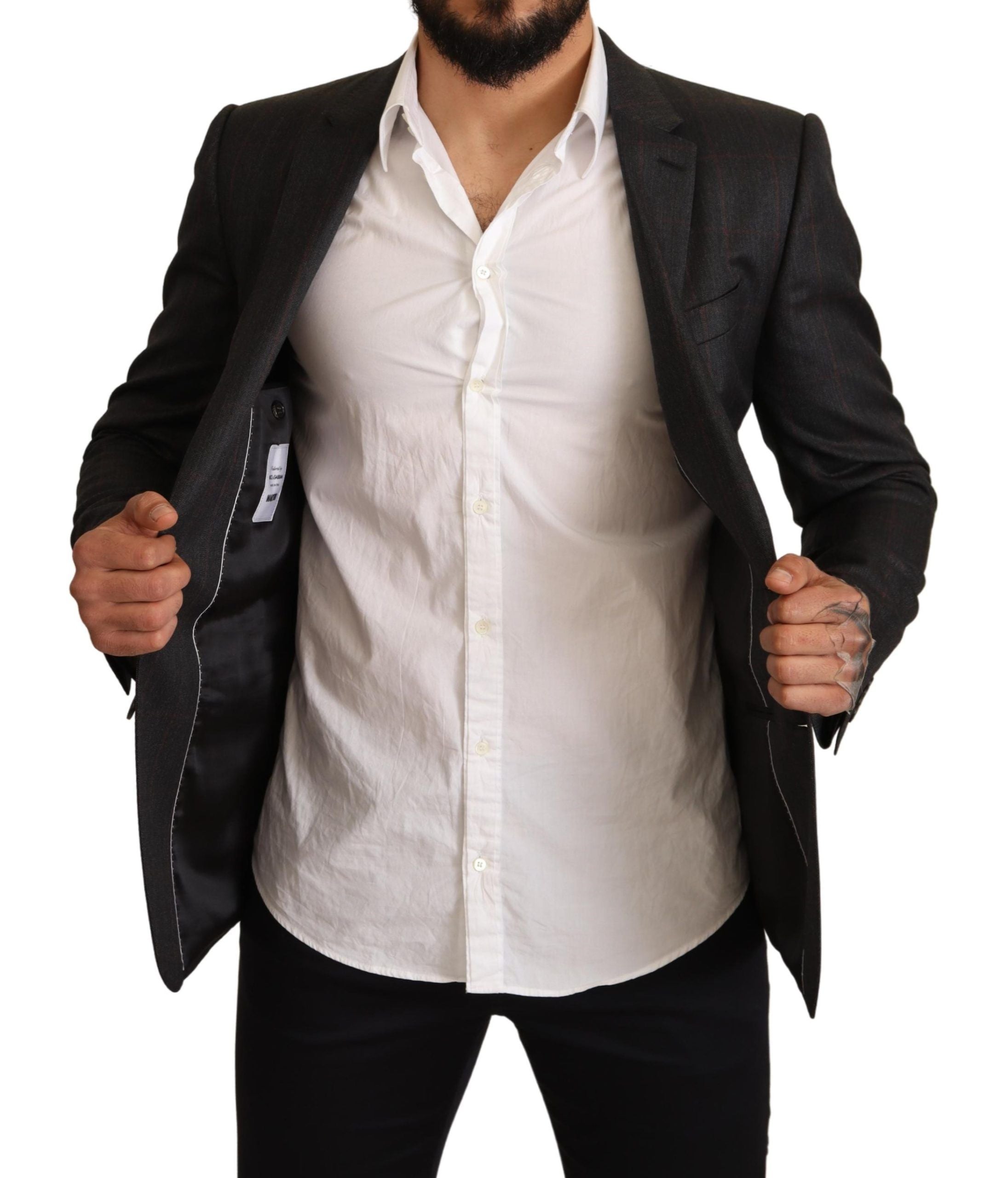 Gray check wool slim fit blazer jacket by Dolce & Gabbana, tailored fit with classic pattern and structured lapels.