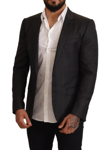Gray check wool slim fit blazer jacket by Dolce & Gabbana, featuring tailored design and classic pattern.