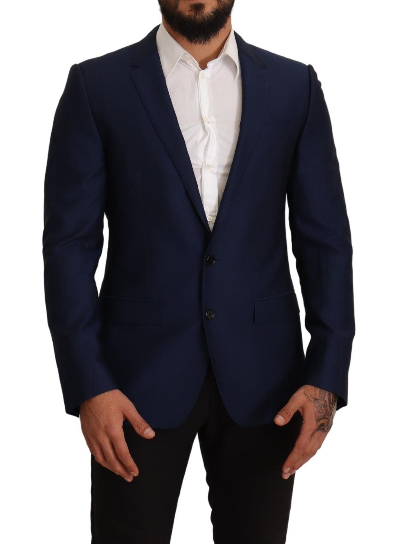 Navy blue slim fit blazer by Dolce & Gabbana, tailored jacket with classic lapels and sleek design for stylish formal wear.