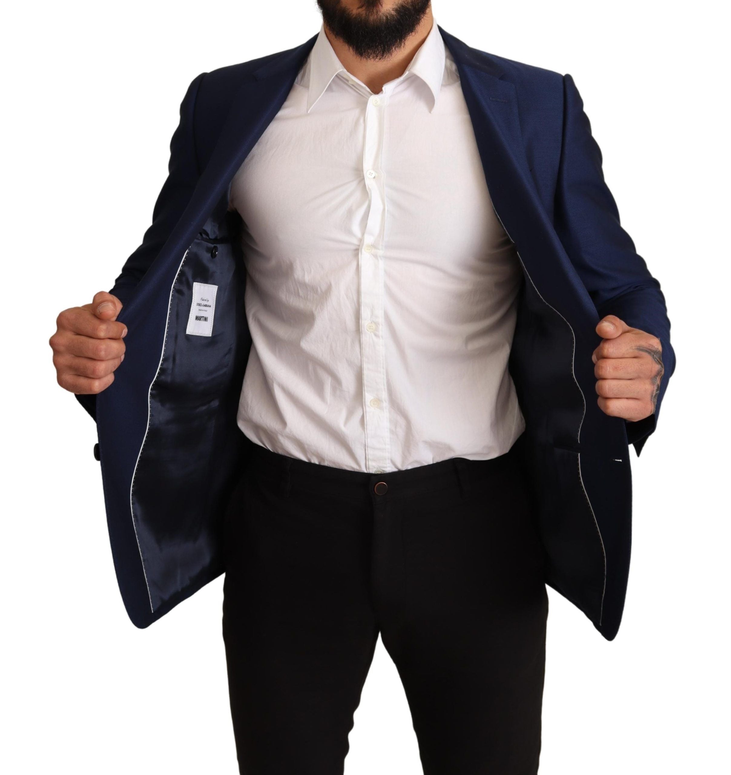 Navy blue slim fit blazer by Dolce & Gabbana, tailored blazer with notch lapels and structured design for men.