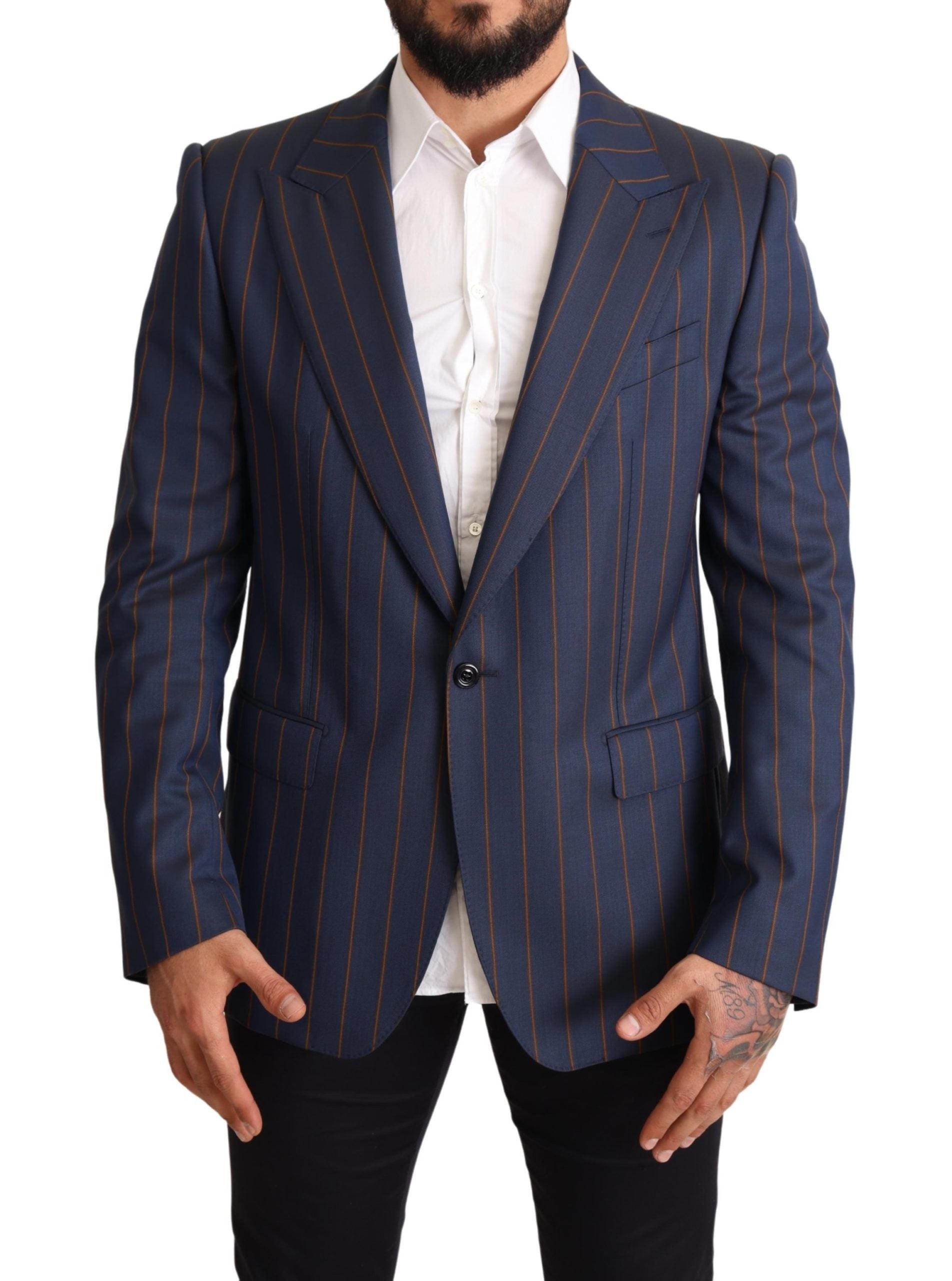 Blue striped wool slim fit blazer jacket by Dolce & Gabbana, featuring tailored design and classic pattern.
