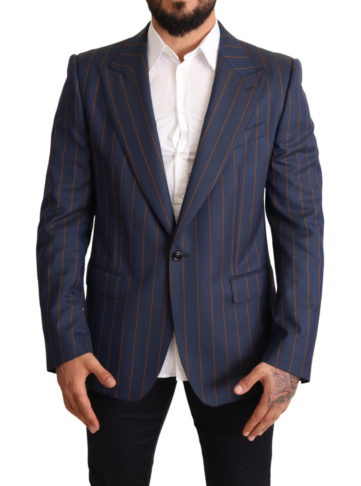 Blue striped wool slim fit blazer jacket by Dolce & Gabbana, featuring tailored design and classic pattern.