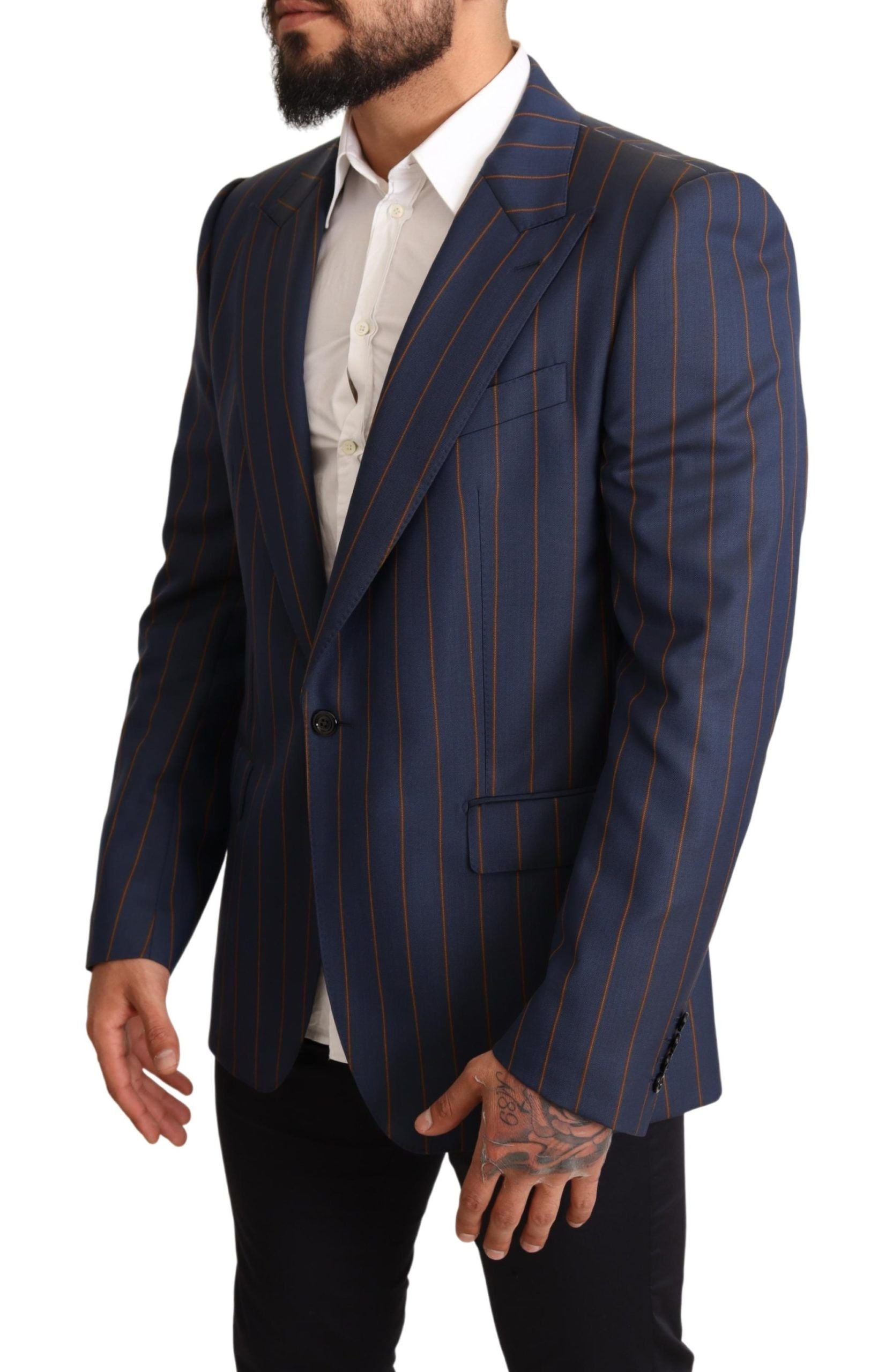 Blue striped wool slim fit blazer jacket by Dolce & Gabbana, featuring tailored fit and classic stripe pattern.