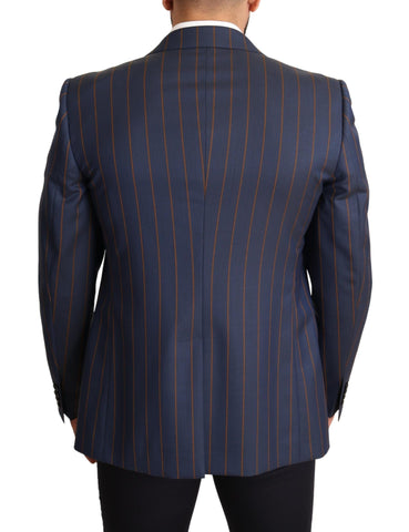 Blue striped wool blazer jacket by Dolce & Gabbana, slim fit design with tailored lapels and stylish pattern.