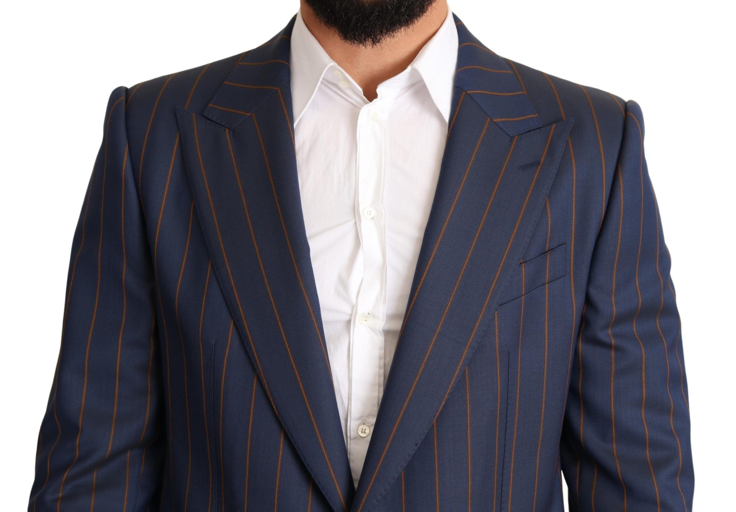 Blue striped wool slim fit blazer jacket by Dolce & Gabbana, featuring tailored design and classic lapel collar.