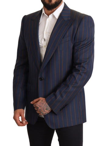 Blue striped wool slim fit blazer jacket by Dolce & Gabbana, featuring tailored design and classic lapel collar.