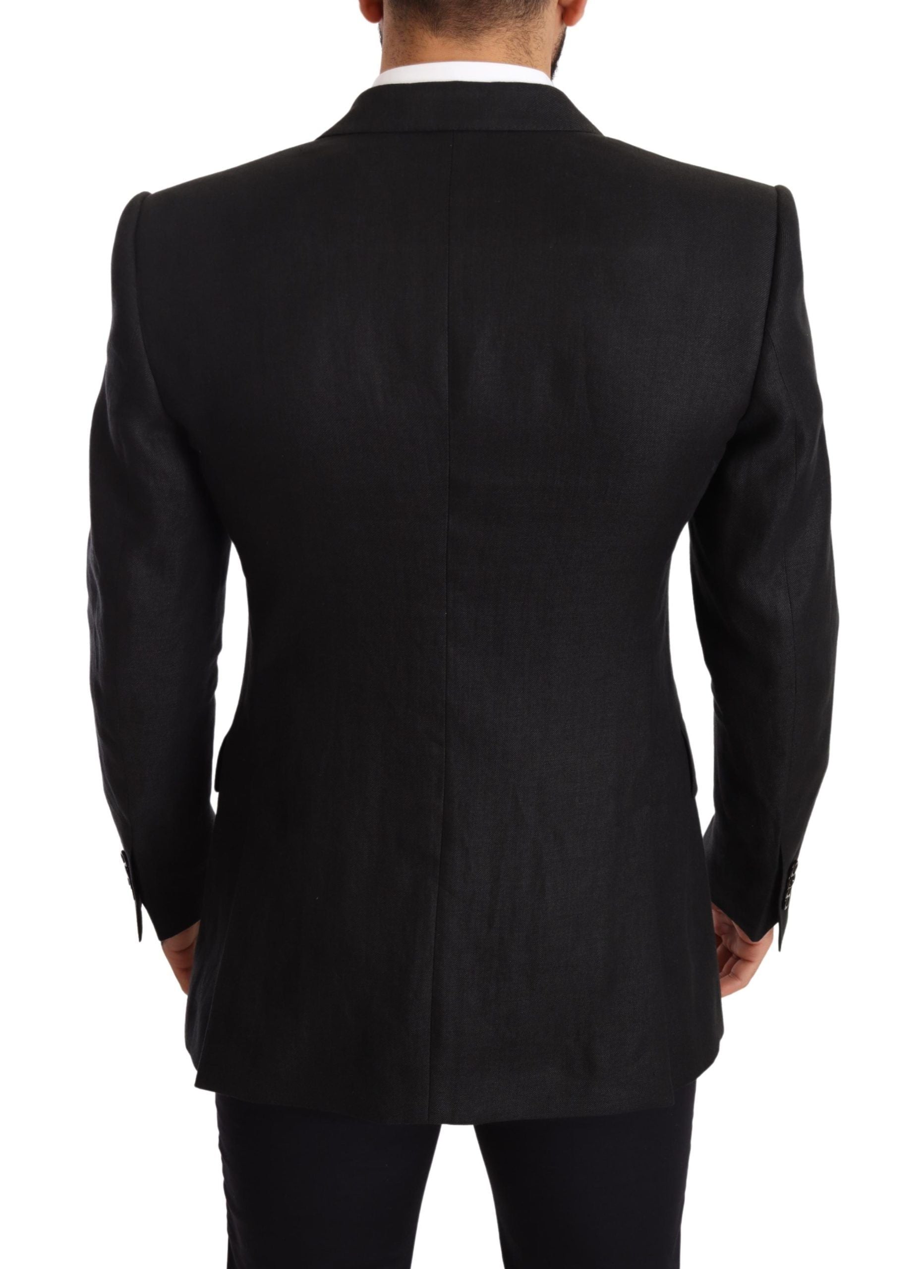Black linen slim fit coat jacket blazer by Dolce & Gabbana, shown on a hanger, with tailored design and classic lapel details.