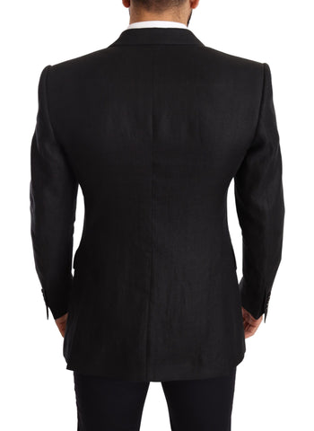 Black linen slim fit coat jacket blazer by Dolce & Gabbana, shown on a hanger, with tailored design and classic lapel details.