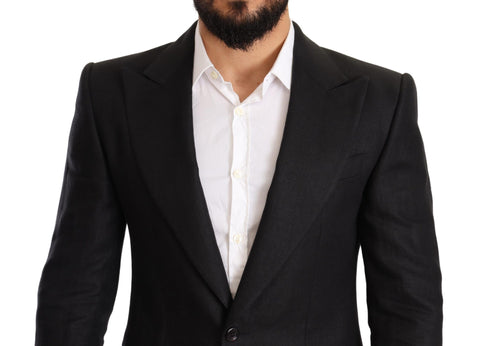 Black linen slim fit coat blazer by Dolce & Gabbana, featuring a tailored design and classic lapel collar.