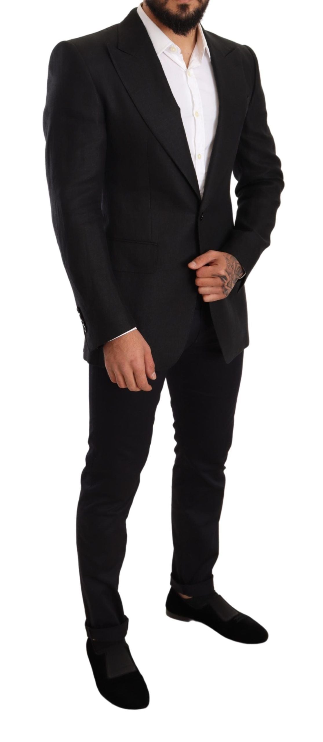 Black linen slim fit coat blazer by Dolce & Gabbana, featuring a tailored design with lapel collar and sleek style.