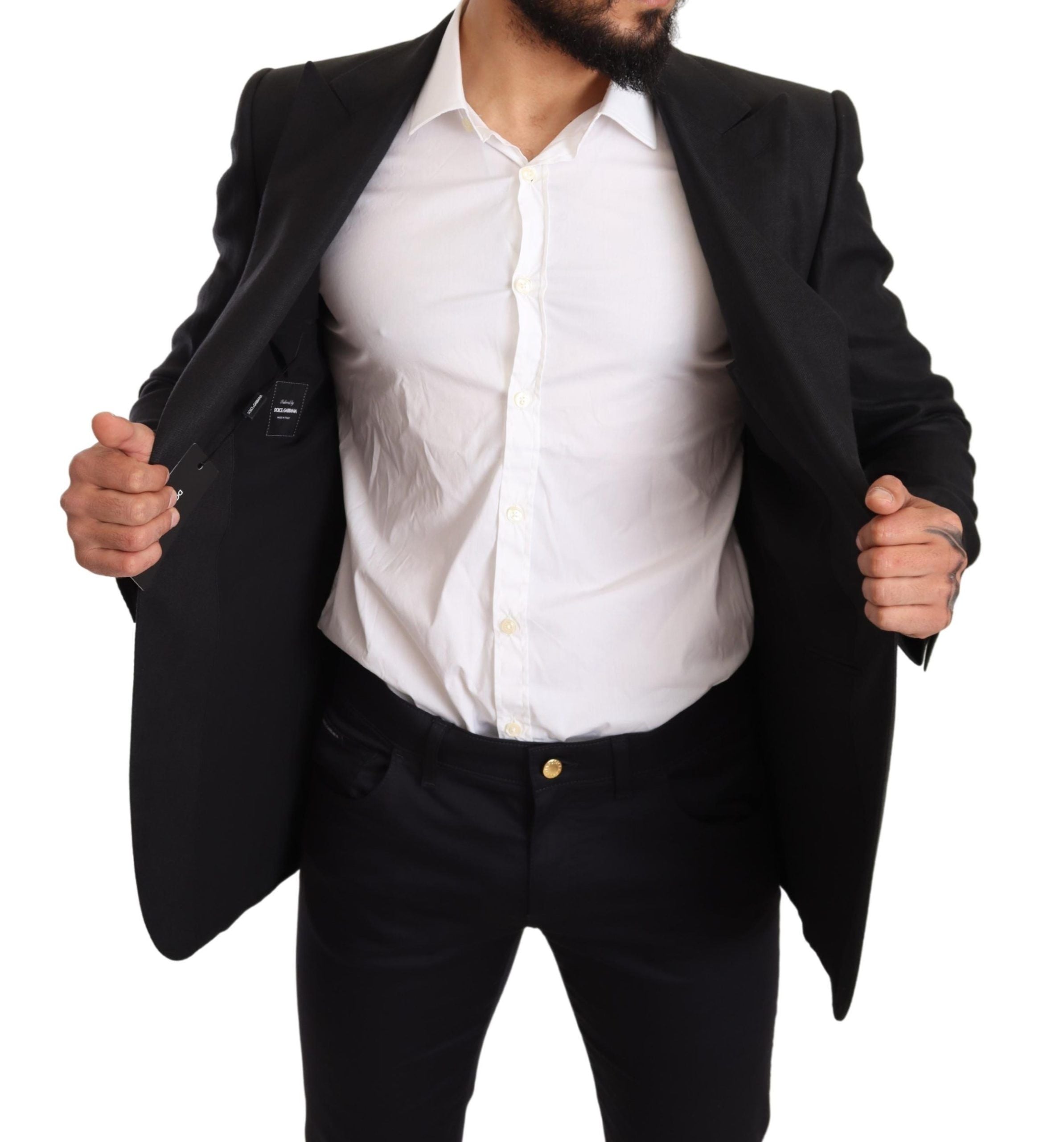 Black linen slim fit coat jacket blazer by Dolce & Gabbana, featuring tailored design and classic lapel collar.