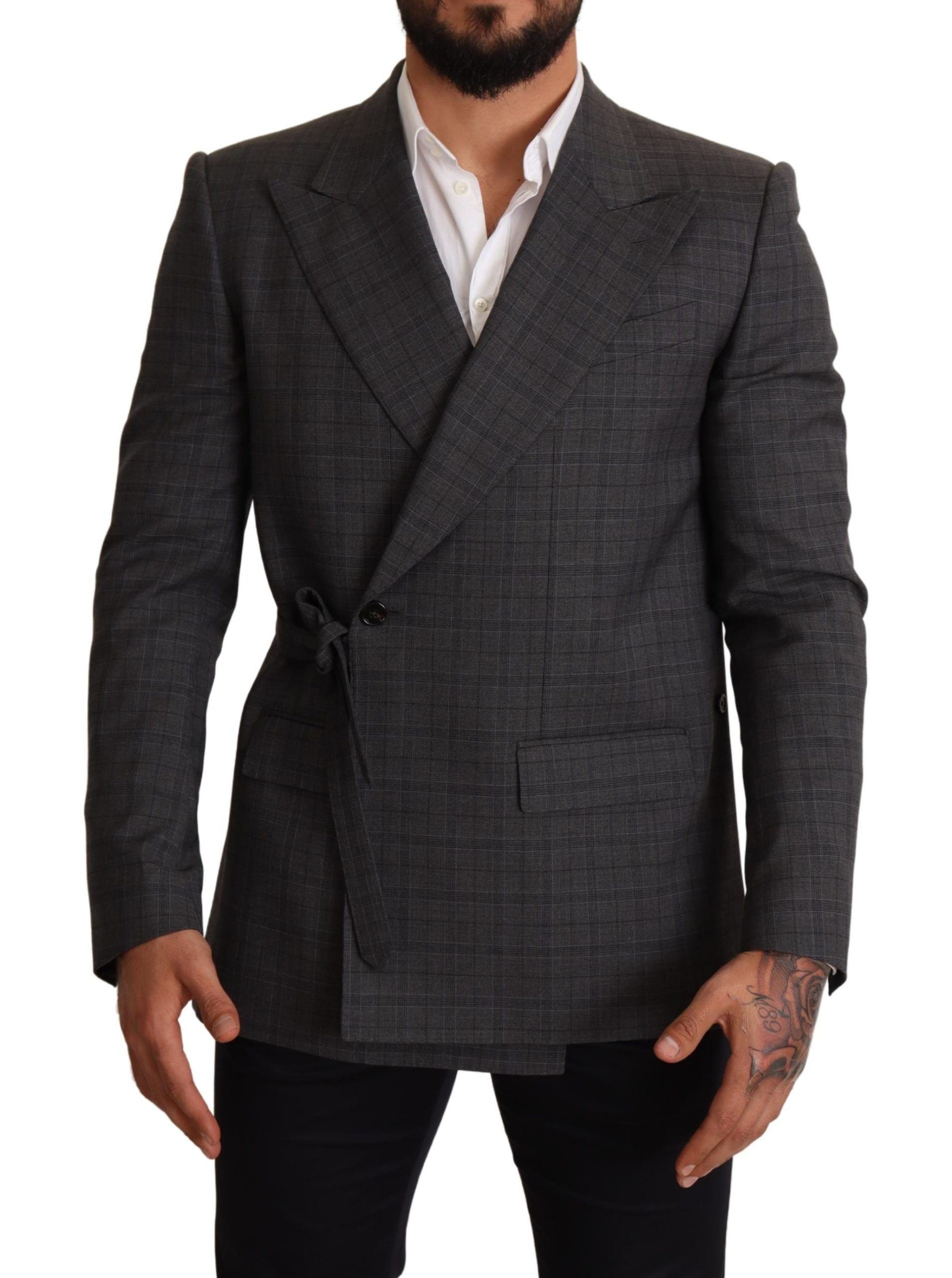 Gray check wool slim fit blazer jacket by Dolce & Gabbana, tailored with a classic check pattern and structured fit.