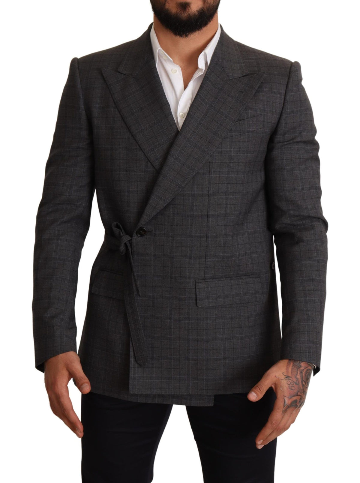 Gray check wool slim fit blazer jacket by Dolce & Gabbana, tailored with a classic check pattern and structured fit.