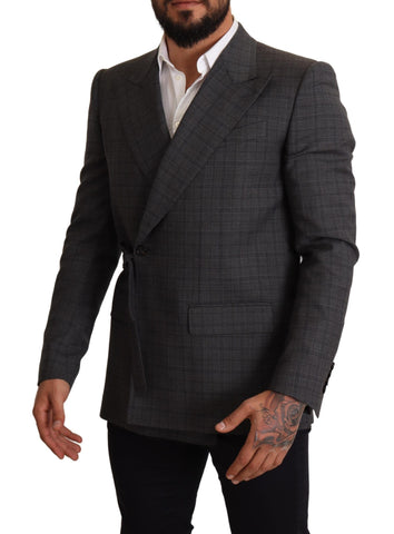 Gray check wool slim fit blazer jacket by Dolce & Gabbana, tailored with a sleek design and classic pattern.