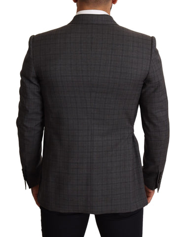 Gray check wool slim fit blazer jacket by Dolce & Gabbana, tailored fit with notch lapels and button closure, on a hanger.