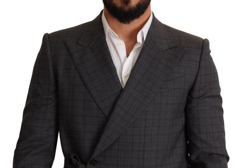 Gray check wool slim fit blazer jacket by Dolce & Gabbana, tailored fit with classic check pattern, displayed on a hanger.