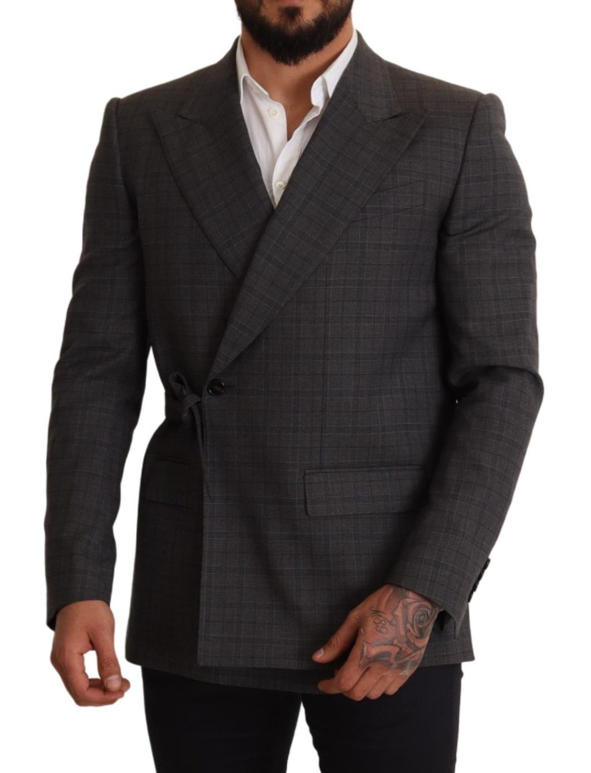 Gray check wool slim fit blazer jacket by Dolce & Gabbana, shown on a hanger with close-up fabric detail.