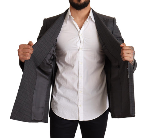 Gray check wool slim fit blazer jacket from Dolce & Gabbana, tailored with a classic design and tailored lapels.