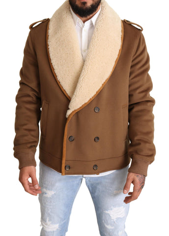 Brown double-breasted shearling coat jacket by Dolce & Gabbana, featuring a plush shearling collar and tailored fit.