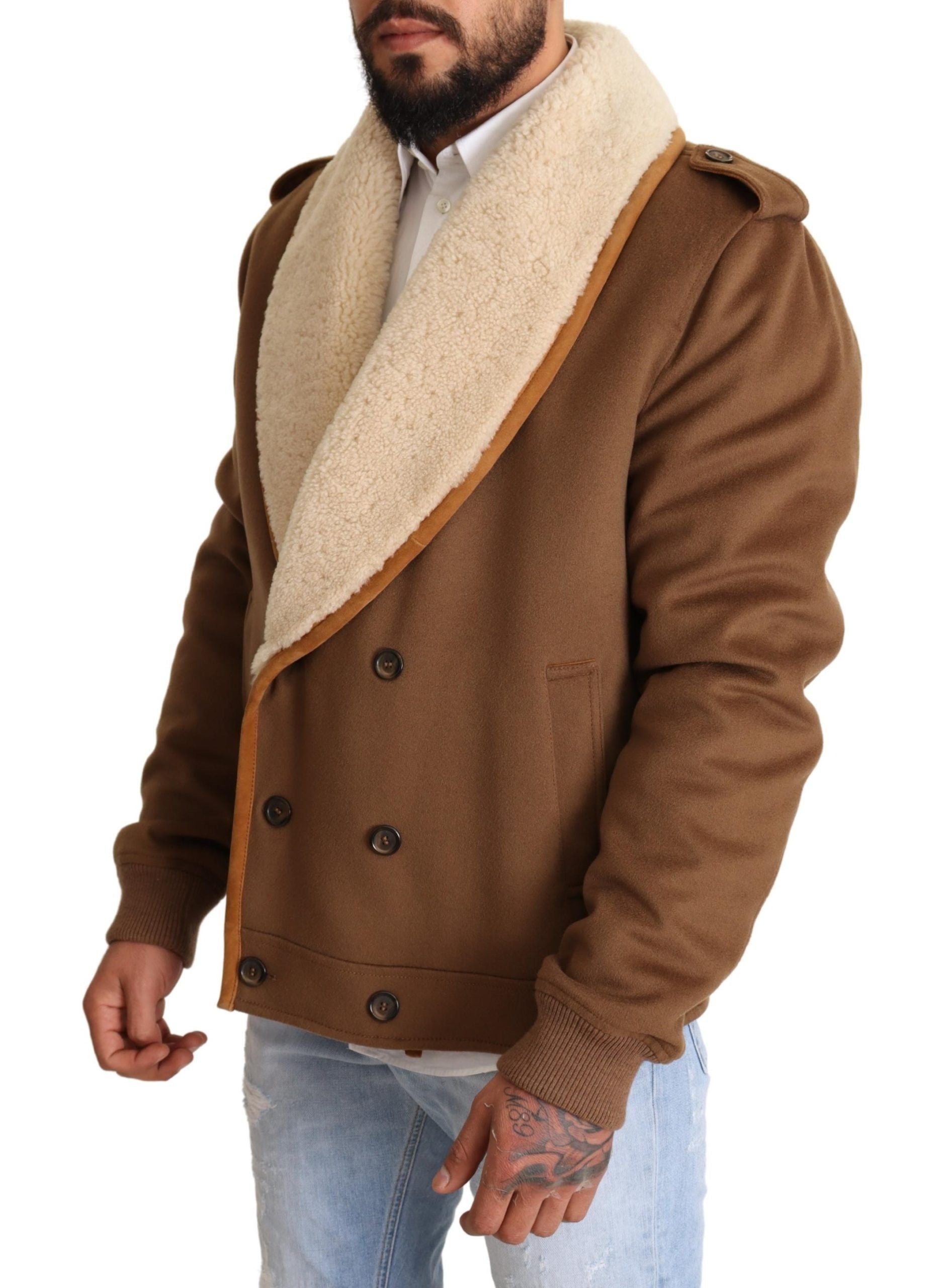Brown double-breasted shearling coat jacket by Dolce & Gabbana, featuring wide lapels, button details, and warm textured shearling.