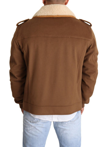 Brown double-breasted shearling coat jacket by Dolce & Gabbana, showing plush shearling lining and stylish design.