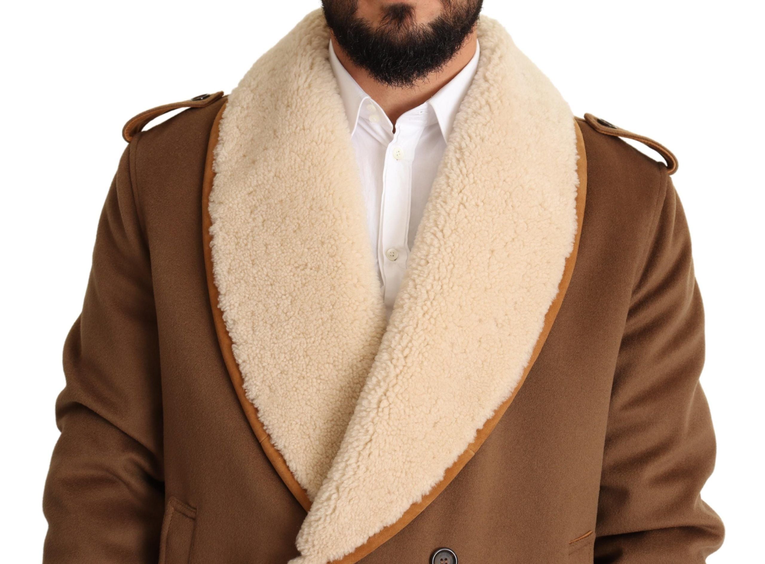 Brown double-breasted shearling coat jacket by Dolce & Gabbana, featuring a plush shearling collar and classic tailored design.