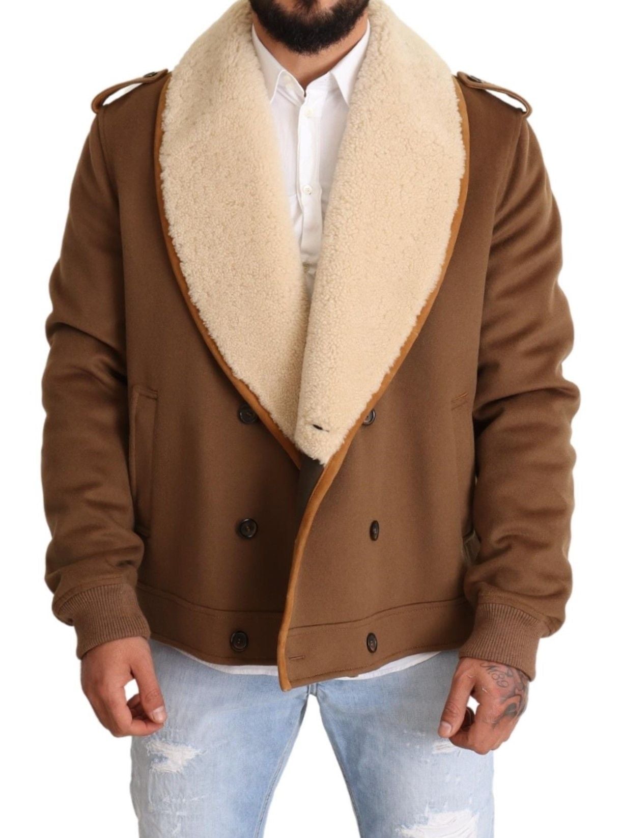 Brown double-breasted shearling coat jacket by Dolce & Gabbana, featuring a cozy, luxurious shearling texture and stylish design.