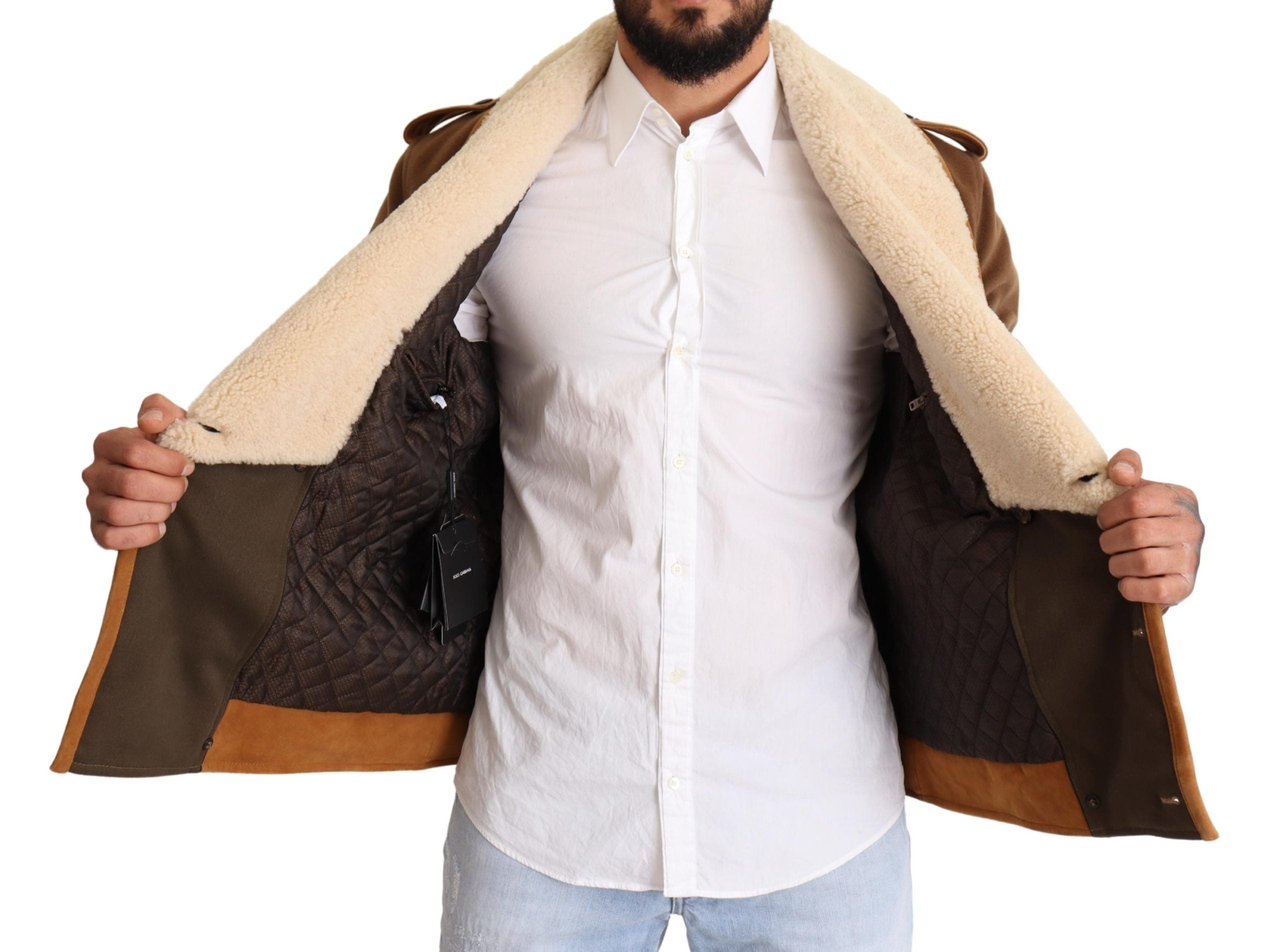 Brown double-breasted shearling coat jacket by Dolce & Gabbana, showing the textured wool exterior and classic design.