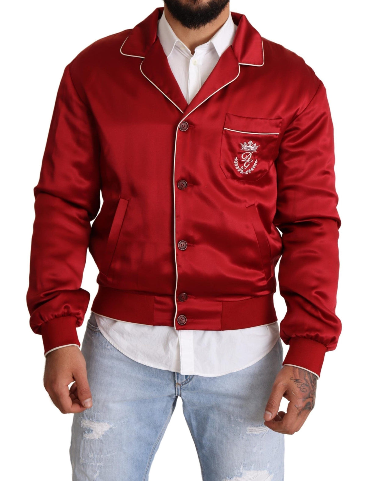 Red silk bomber jacket with DG logo buttons by Dolce & Gabbana, featuring a stylish fit and classic design.