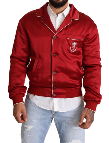 Red silk bomber jacket with DG logo buttons by Dolce & Gabbana, featuring a stylish fit and classic design.
