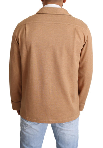 Brown cotton buttoned collared coat jacket by Dolce & Gabbana, front view showing classic style and tailored fit.