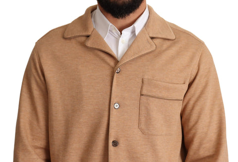 Brown cotton button-up coat jacket with a collared design from Dolce & Gabbana, shown on a hanger against a neutral background.