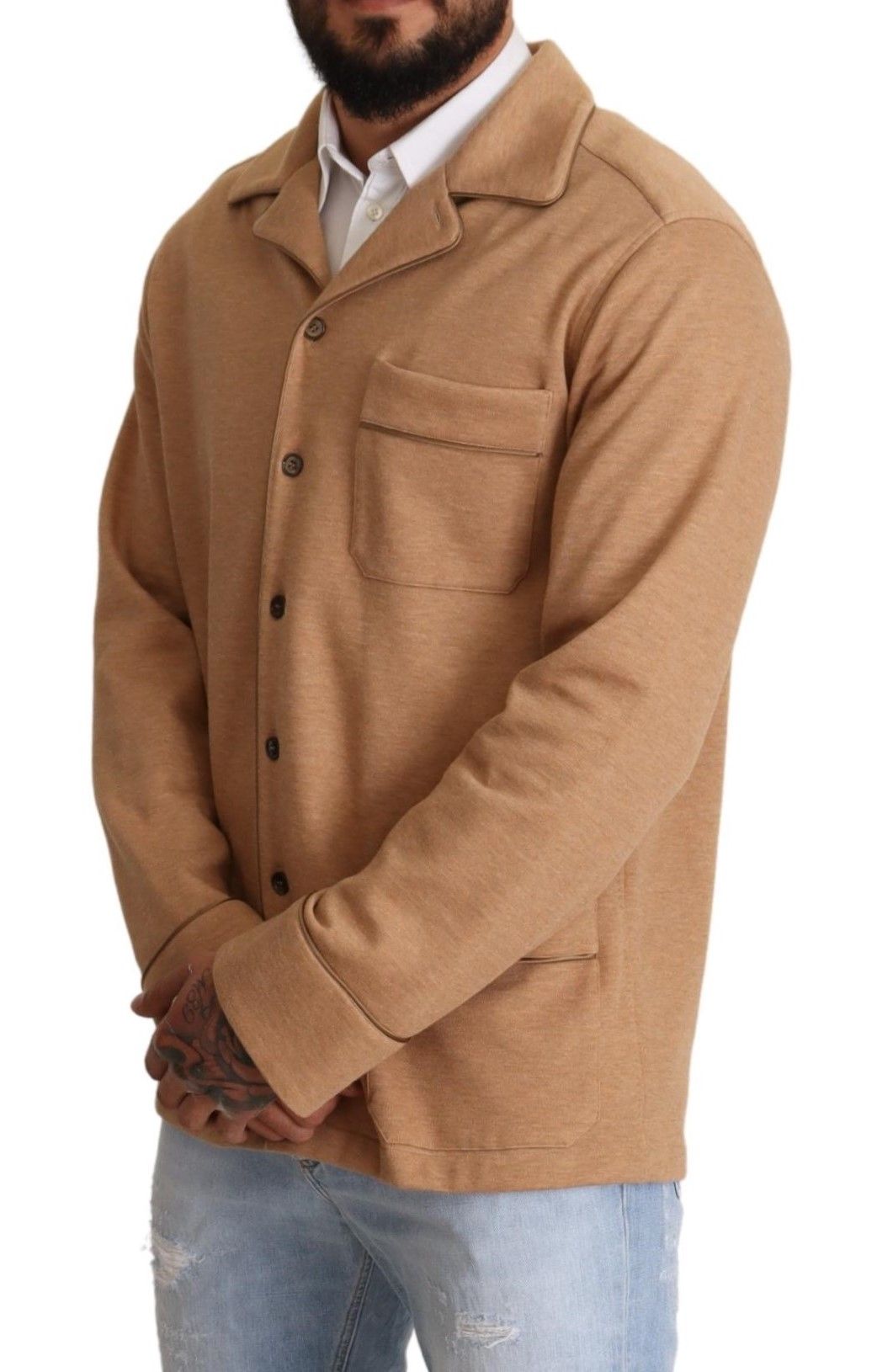 Brown cotton button-collared coat jacket by Dolce & Gabbana, featuring a classic collar and tailored fit.