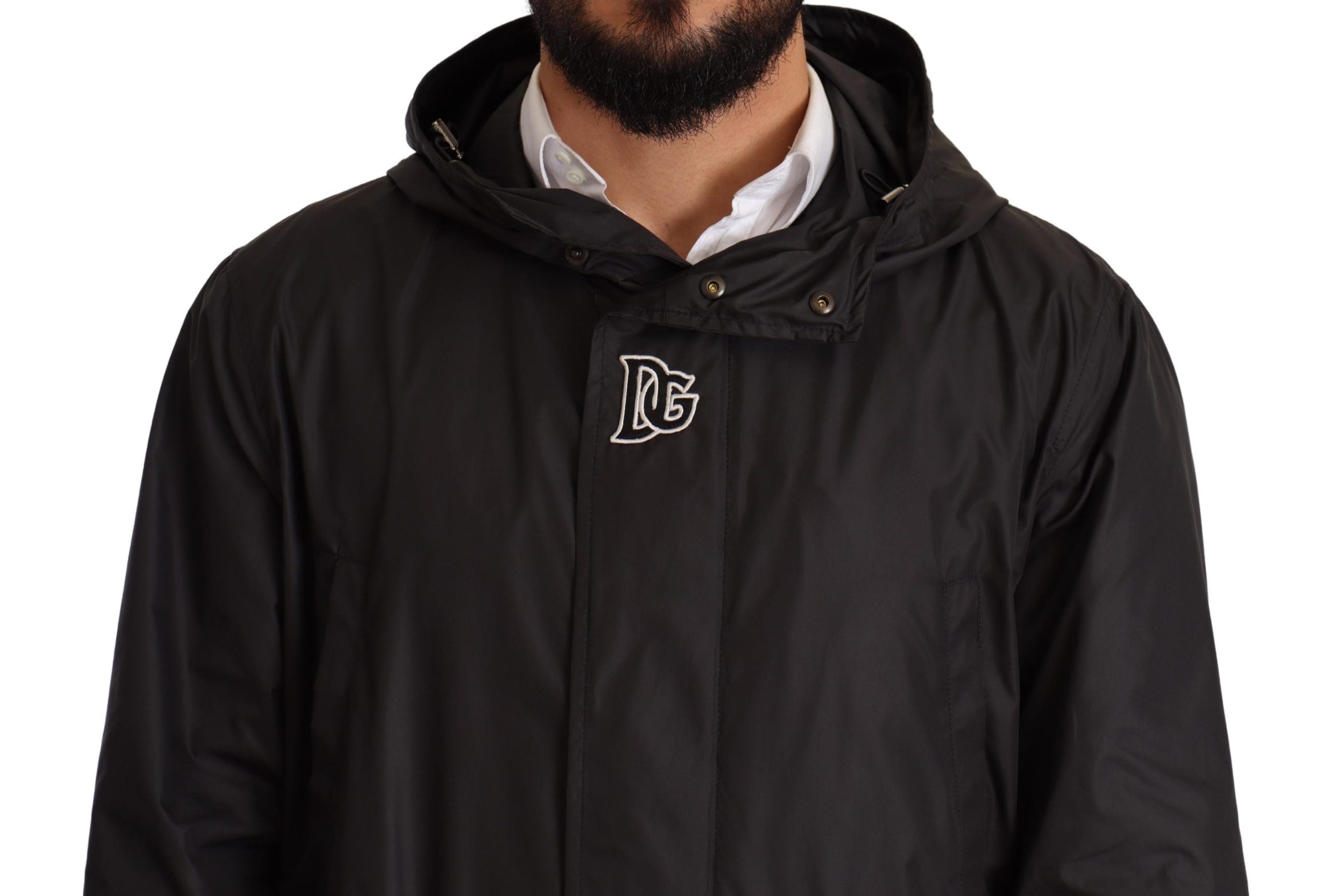 Black hooded men's trench coat jacket by Dolce & Gabbana, featuring a sleek design and button details.